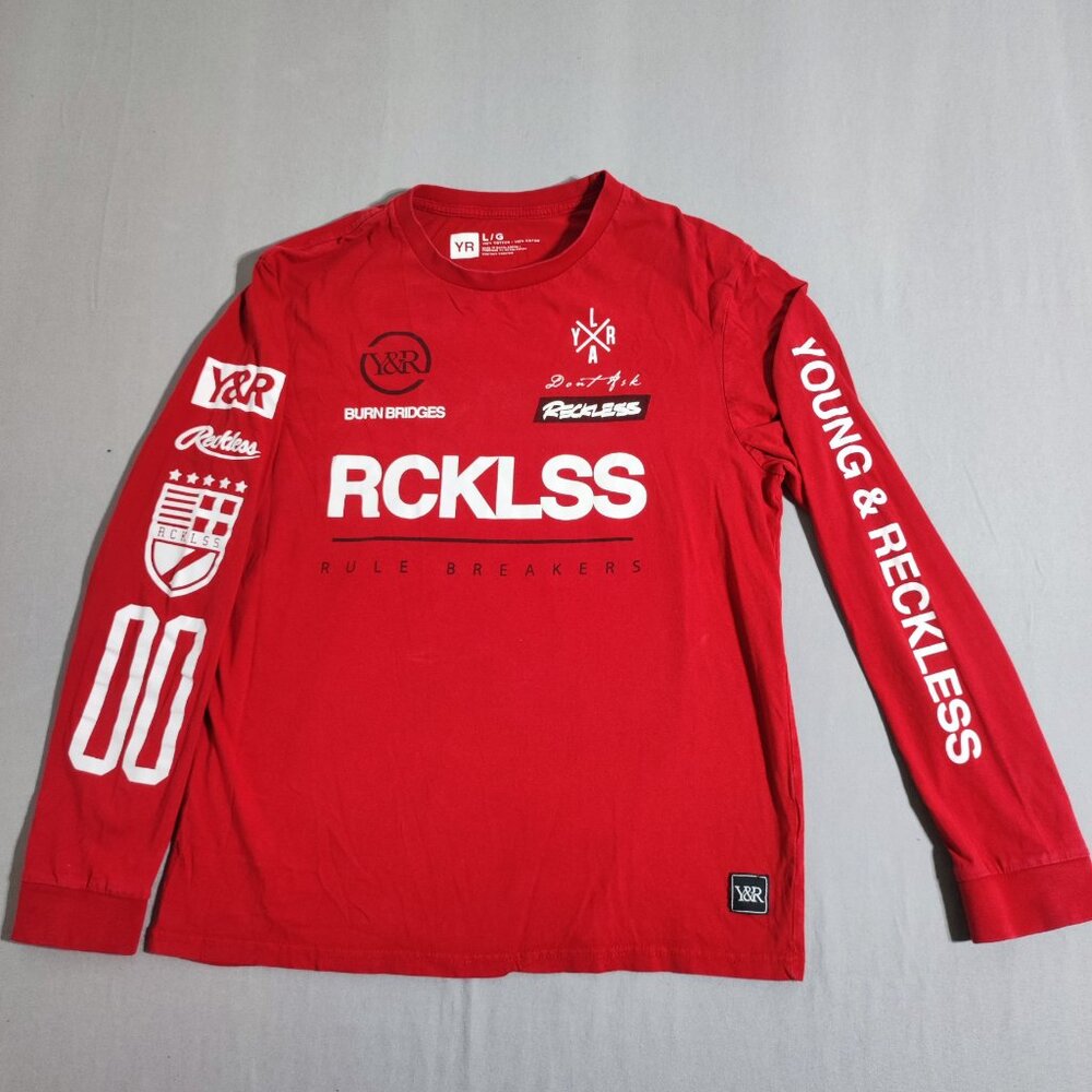 Young and Reckless long sleeve shirt men's size L red with white graphic design